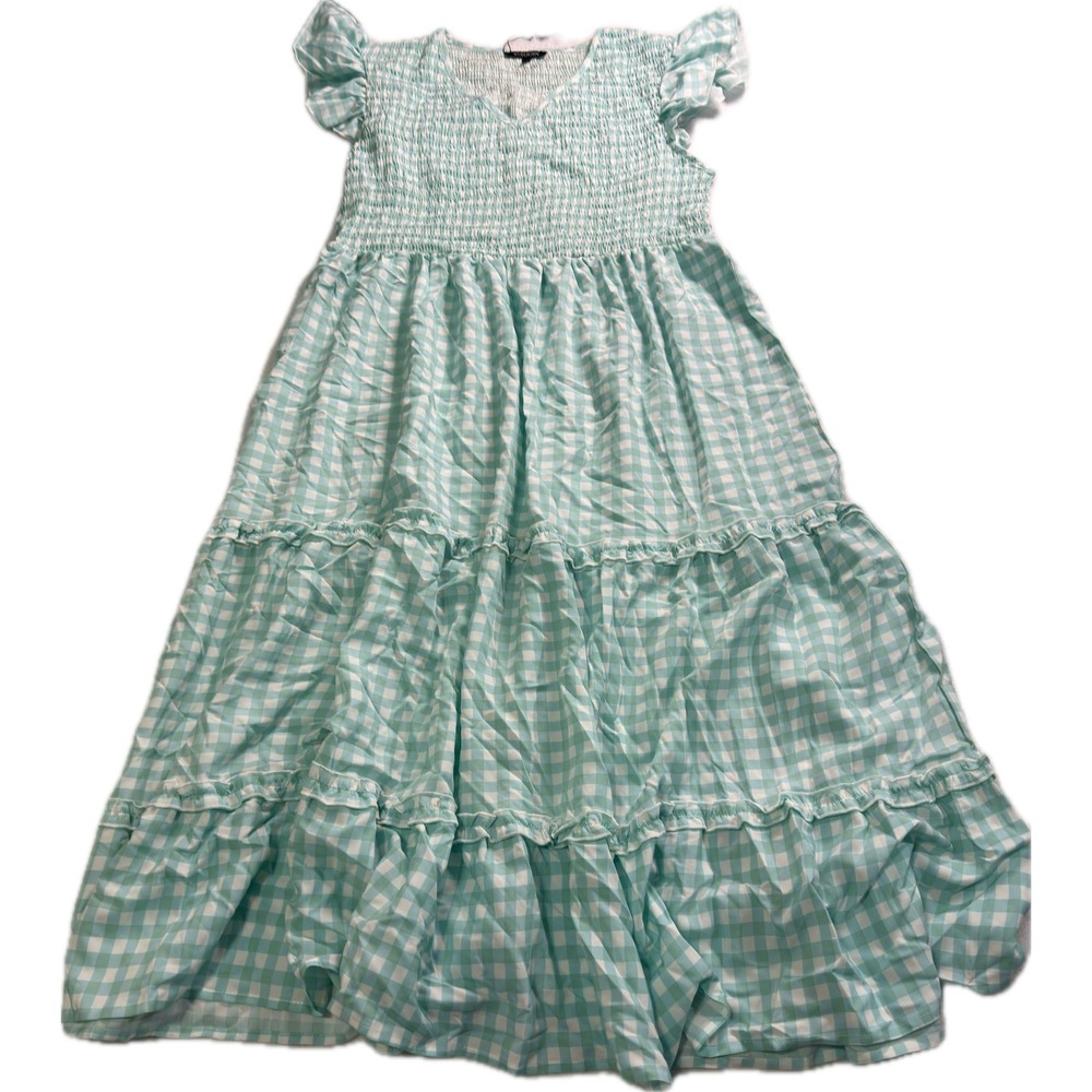 KOJOOIN Gingham Smocked Maxi Dress Ruffle Sleeve Tiered Mint Green XL‎